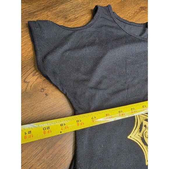 Womens Black Cold Shoulder Tunic Top With Yellow Cross Graphic Design - Picture 10 of 10